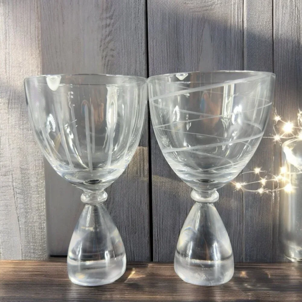 Vintage Clear Etched Glasses Drinking Cups‎ Set 2 Elegant Crystal Glass Barware